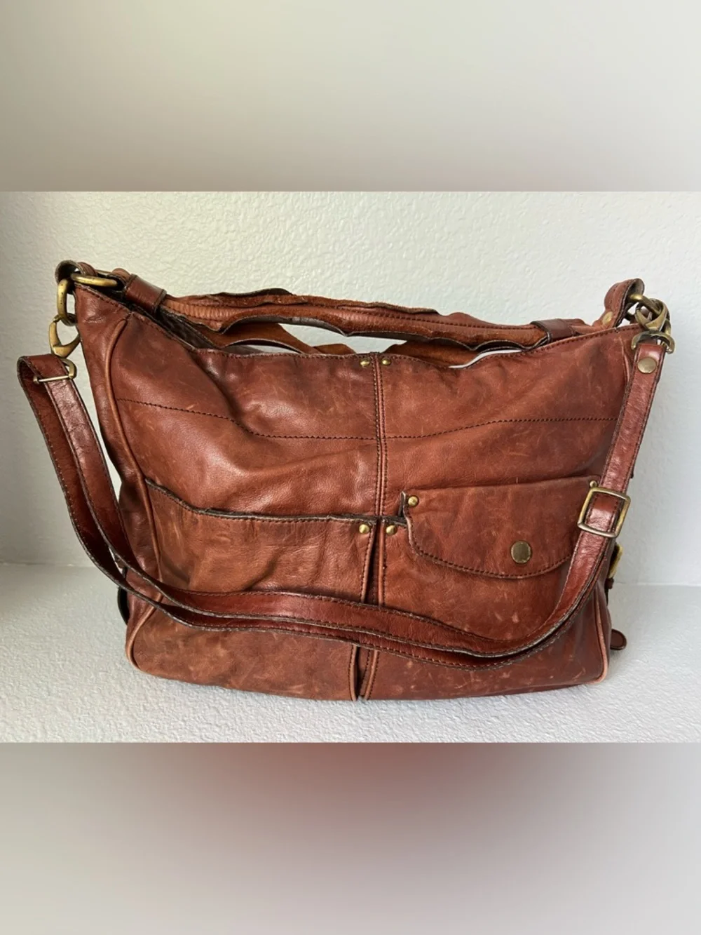 H&M Brown Leather Shoulder Bag with Front Pockets